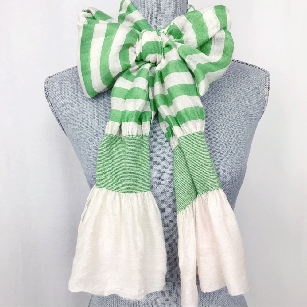 Green & Cream Striped Ruffle End Scarf